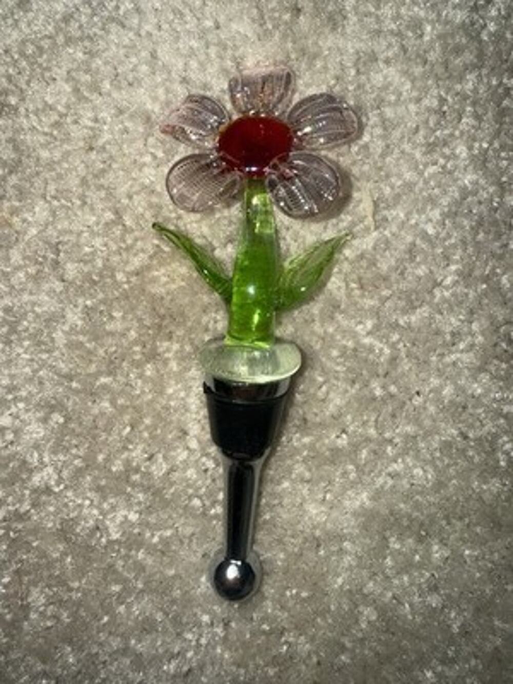 Vintage Hand Blown Art Glass Flower Wine Bottle Stopper Pink Red Daisy Barware